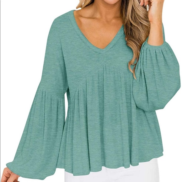 Clarisbelle Tops - Clarisbelle Women V Neck Puff Sleeve Waffle Knit Peplum Tops